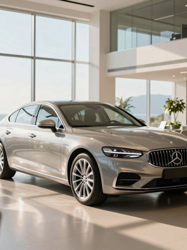 Polished luxury car parked inside an immaculate, modern, high-key white showroom with floor-to-ceiling windows and bright natural sunlight reflecting off the metallic paint