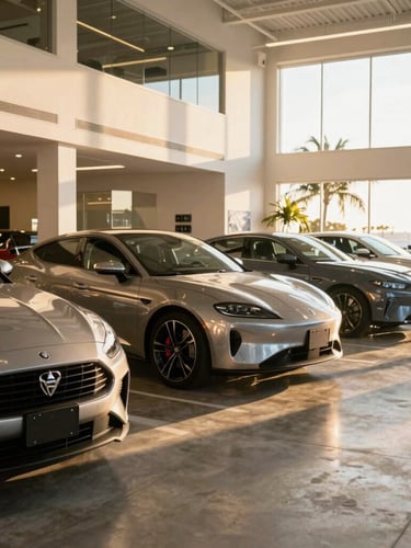 Wide-angle editorial photograph of an immaculate modern automotive showroom in Davie, warm golden-hour sunlight reflecting on pristine metallic car bodies, clean concrete floor.