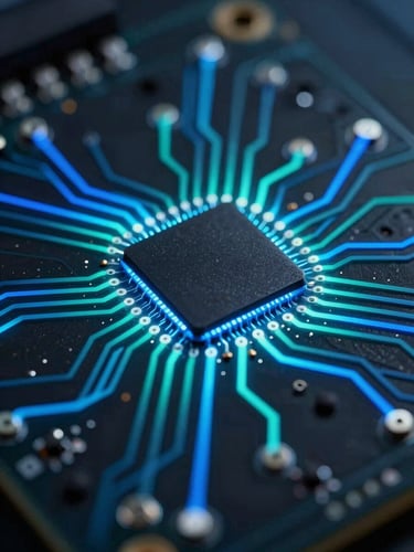 Extreme close-up overhead view of a circuit board node cluster, cyan and electric blue light traces branching outward from a central hub against deep black silicon substrate, cool directional light, sharp precision framing