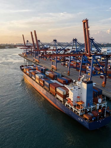 Aerial drone photography of Singapore port at golden hour, massive container ships navigating deep blue shipping channels under warm low sun.