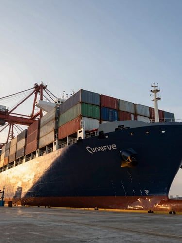Low-angle dramatic portrait of a massive deepwater container vessel docked at a high-tech Singapore port terminal during golden hour, metallic tones