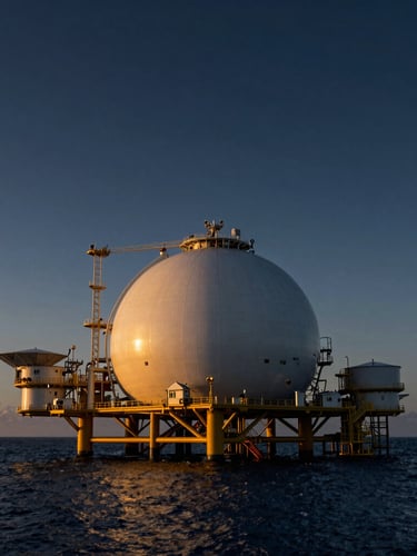 Dramatic editorial portrait of an offshore LNG terminal at dusk, low-sun golden hour, deep navy and metallic tones, ultra-wide anamorphic lens perspective