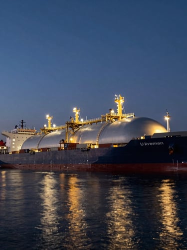 Low-angle dramatic twilight shot of a massive LNG terminal with deepwater container vessels docked, glowing metallic structures reflecting on dark water.
