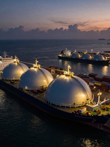 Ultra-wide aerial drone shot of a massive LNG terminal at dusk, deepwater container vessels moored alongside, dramatic twilight lighting with deep navy and metallic tones.