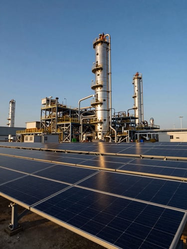 Wide low-angle shot of high-grade solar arrays integrated into a modern industrial refinery landscape at golden hour, sharp metallic structures