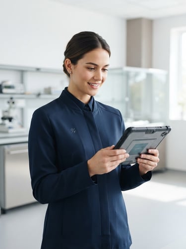 A sharply dressed technician in a clean branded uniform holding a digital tablet, clean minimalist room, bright high-key lighting, soft shadows