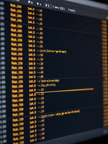 Macro crop of an active threat vector model on a dark terminal screen, showing amber telemetry lines, structured risk data tables, high contrast, low-key lighting.
