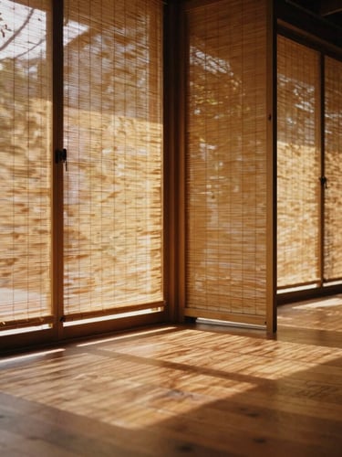 An architectural detail of a hand-selected wooden yoga shala, sunbeams filtering through bamboo screens onto a polished teak floor, serene and quiet atmosphere.