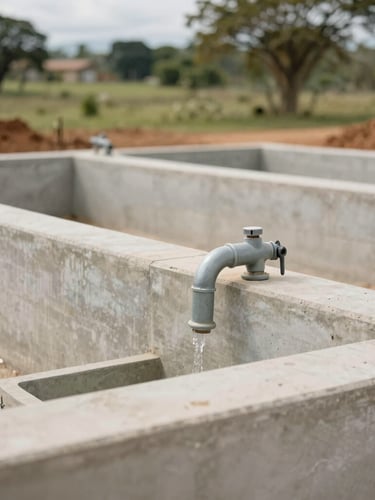Documentary close-up of a newly constructed community water facility in rural Colombia, clean concrete structures, soft daylight, sharp focus on structural details.
