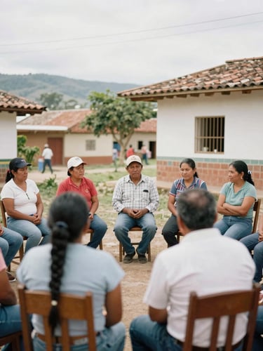 Authentic documentary photography, warm Colombian daylight, community members participating in a local assembly in a rural Colombian town, editorial 35mm style