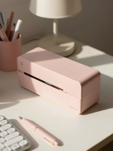 A close-up 45-degree angle shot of a cozy desk setup with soft morning light, featuring a pastel pink desk organizer, a small cream-colored lamp, and aesthetic Korean-style stationery.