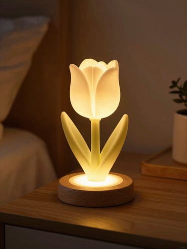 Aesthetic tulip night light glowing softly on a wooden bedside table, warm golden hour lighting, cozy and dreamy atmosphere