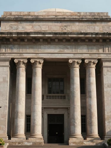 Dignified architectural detail of the High Court of Telangana, symmetrical stone columns under soft morning light, clean composition.