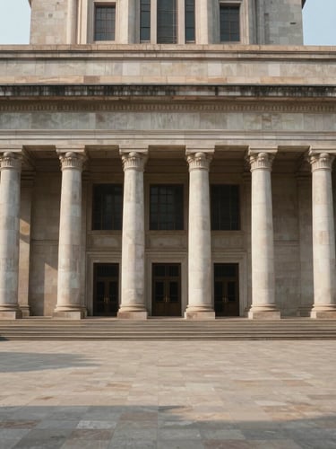 Symmetrical architectural shot of the Telangana High Court stone facade, classic columns under soft diffused daylight, clean composition with generous negative space on the left.
