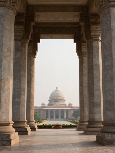 Symmetrical architectural view of the Telangana High Court stone pillars, diffused morning daylight, clean composition.
