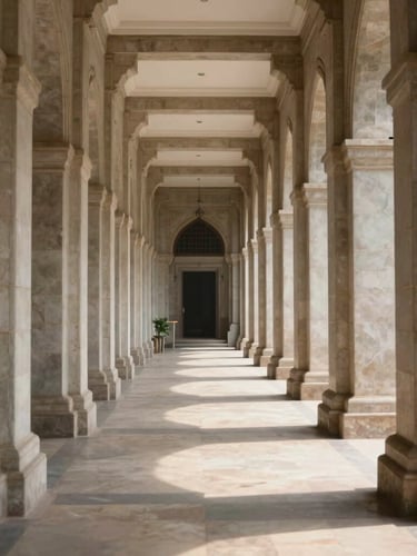 Symmetrical architectural perspective of the Telangana High Court corridor, clean stone pillars, soft natural daylight casting long shadows, dignified institutional atmosphere.