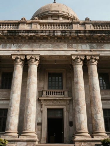 Dignified architectural detail of the Telangana High Court facade, symmetrical stone columns, soft natural daylight.