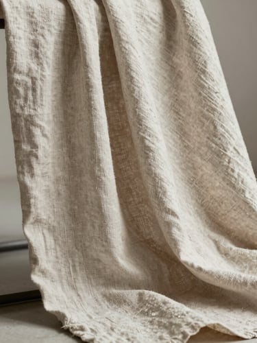 Close-up of heavy neutral linen fabric draped elegantly on a minimalist matte metal stand, soft indirect morning light