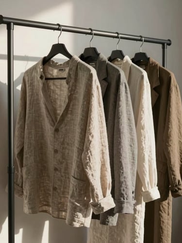 Vertical shot of minimalist matte metal clothing racks holding neutral linen garments in a sunlit Millcreek workshop, soft shadows, editorial framing.