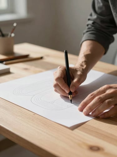 Close-up portrait of a designer's hands drafting a custom paper pattern on a light wood table, soft north-facing daylight, minimalist studio setting.