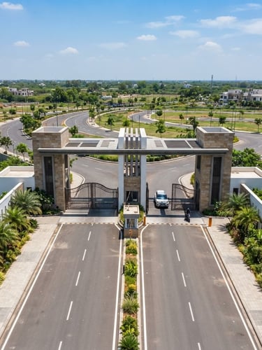 Sharp architectural drone photography of a premium gated plotted township entry gate, bright midday sun, clean geometric lines, high-contrast professional real estate, 35mm