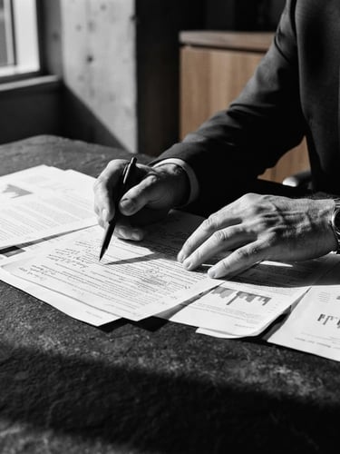 Monochromatic close-up of focused executive hands reviewing physical documents on a dark slate table, sharp natural light, deep navy shadows, 35mm lens