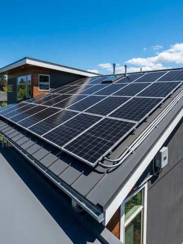 Wide-angle architectural shot of a residential solar array on a modern grey roof under bright direct sunlight, crisp shadows, clean electrical conduit visible on the right side.