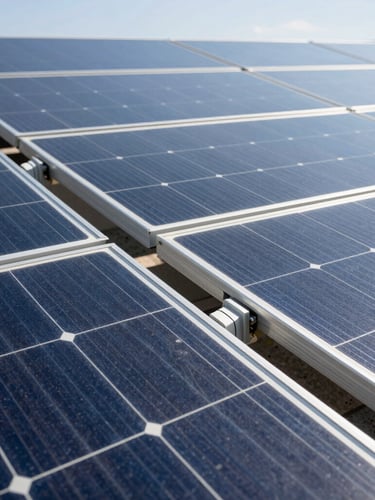 Close-up of clean electrical conduit work on a solar array, bright direct sunlight, high-contrast, technical detail.