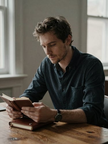 A thoughtful, candid portrait of a man in quiet focus, sitting at a wooden desk with a leather journal, soft natural window light, deep desaturated tones.