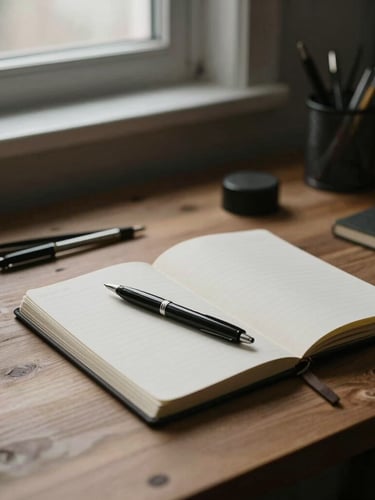 Candid environmental wide shot of a minimalist wooden workspace with analog tools, a high-quality pen resting on a notebook, soft directional natural window light, deep desaturated tones