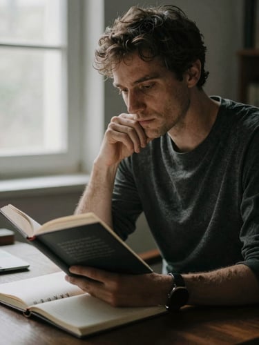 Candid medium-close portrait of a thoughtful man in a quiet, naturally lit workspace, reading a book next to an analog journal, soft shadows, moody editorial photography style