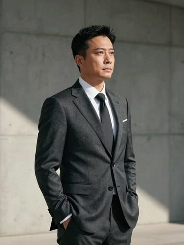 Sophisticated executive portrait of a male strategist in a charcoal suit, natural side lighting, deep shadows, minimalist concrete background, cinematic editorial framing.