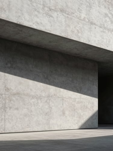 Wide cinematic architectural shot of a minimalist concrete building facade under sharp, high-contrast sunlight, deep shadows, clean lines, grayscale