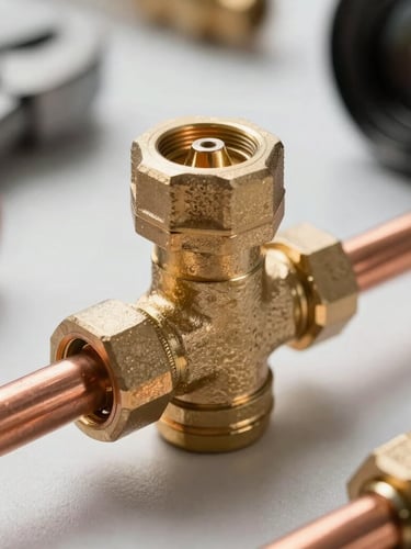 Close-up of professional plumbing tools and copper pipe connections, bright utility lighting, focusing on a newly installed brass valve
