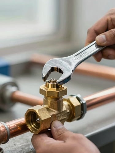 Close-up of a professional technician tightening a brass valve with a polished wrench, clean copper pipes, bright natural utility daylight, technical precision.