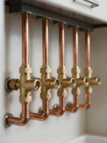 High-quality close-up of clean copper pipes and brass valves neatly arranged in a modern utility room, bright natural daylight, technical precision.