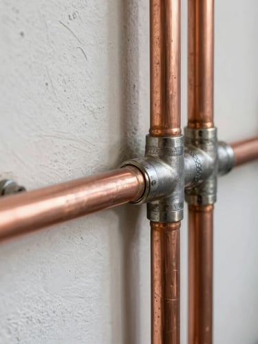 Close-up of clean copper pipes neatly aligned and soldered on a plaster wall, bright natural daylight, technical precision