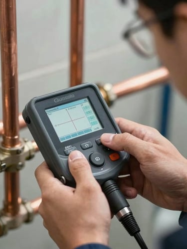 Close-up of a professional technician's hands using a digital leak detection screen on a clean copper pipe system, bright natural daylight, technical precision.