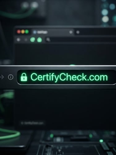Sleek dark browser address bar mockup showing CertifyCheck.com in glowing neon-green font, high-contrast studio lighting, macro perspective