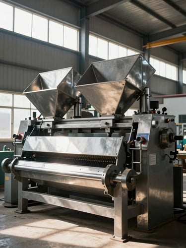 Industrial rice milling machinery in an Andhra Pradesh facility, stainless steel chutes, clean high-contrast natural sunlight streaming through high windows.