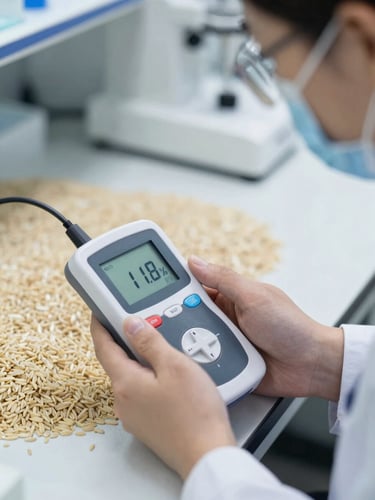 A technical laboratory technician using a digital moisture meter on raw rice grains, clinical white lighting, focus on the digital readout showing 11.8%.