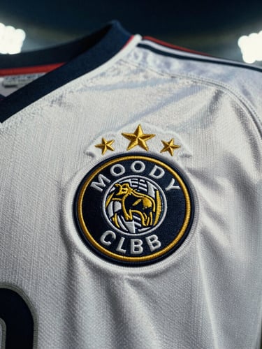 Moody close-up of premium football shirt embroidery, sharp club badge with high-contrast stadium floodlights, deep shadows, 35mm film grain