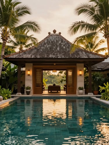 Warm environmental editorial photography of a luxury Balinese resort entrance, golden-hour light reflecting on a clean pool, lush tropical greenery, wide-angle shot.