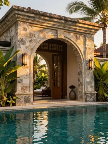 Close-up editorial shot of a luxury Balinese resort entrance with stone archways, warm golden hour light reflecting on a clean pool, high-end travel aesthetic