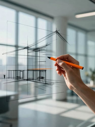 Focused professional sketching a technical diagram on a glass whiteboard, architectural lines of a modern office in background, bright natural window light, high contrast cool tones with sharp orange accents, 35mm