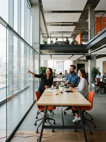 Wide panoramic modern collaborative workspace, architectural lines, glass whiteboards with technical diagrams, focused professionals in natural window light, high contrast cool tones with sharp orange accents, 35mm