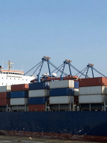 Panoramic view of a busy shipping port with cargo containers being loaded onto a vessel, sharp daylight, deep slate and steel tones, low horizon, wide-angle lens