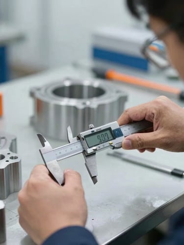 Close-up of a technical inspector using a digital caliper to measure a manufactured metal part on a factory table, sharp focus, industrial documentary style.