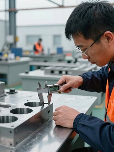 Industrial factory floor in China, high-contrast documentary style, quality inspector using digital calipers on a metal component, cool steel tones with sharp safety-orange accents, 35mm photography.
