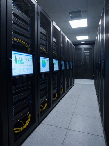 Wide-angle view of a server room corridor at dusk, monitor screens displaying Power BI dashboard charts and KPI metrics in cool blue tones, precise cable management visible in foreground, left-side composition with generous dark space on the right